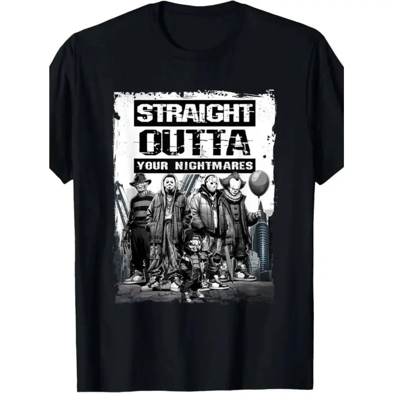 Straight Outta Nightmares" Men's Vintage Horror Halloween T-Shirt - 100% Cotton Casual Round Neck  gifts