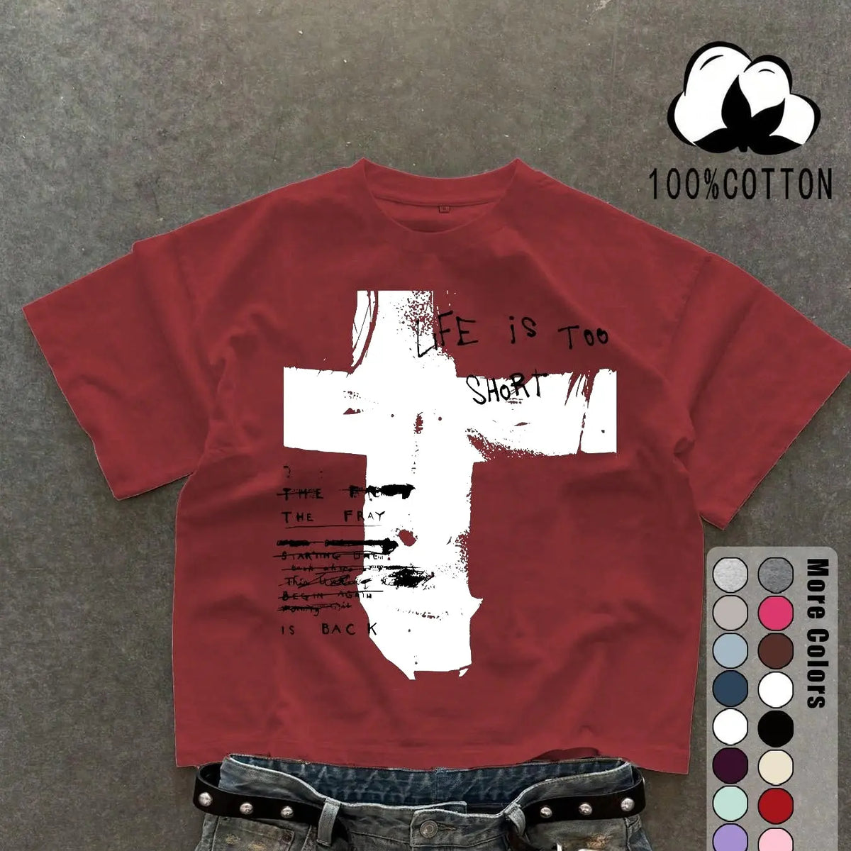 Unisex 100% Cotton Short Sleeve T-Shirt, Cross Graffiti Print, Y2K Dark Gothic Street Style, Streetwear, Casual Daily Wear, Loose-Fitting, Long Length, Aesthetic, Relaxed Fit