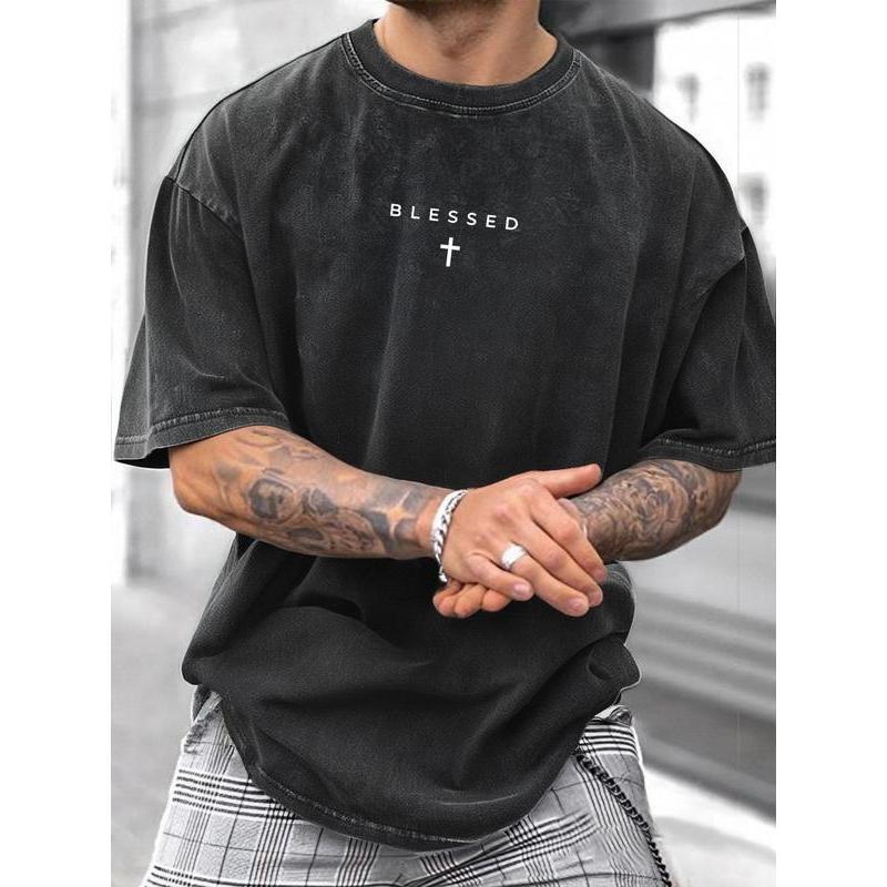 Women's Premium Cotton Fabric Round Neck Short Sleeve T-Shirt - Soft Touch, Vintage Washed, Cross & Letter Graphic, Breathable, Easy to Layer, Casual Street Summer Top for Daily Wear