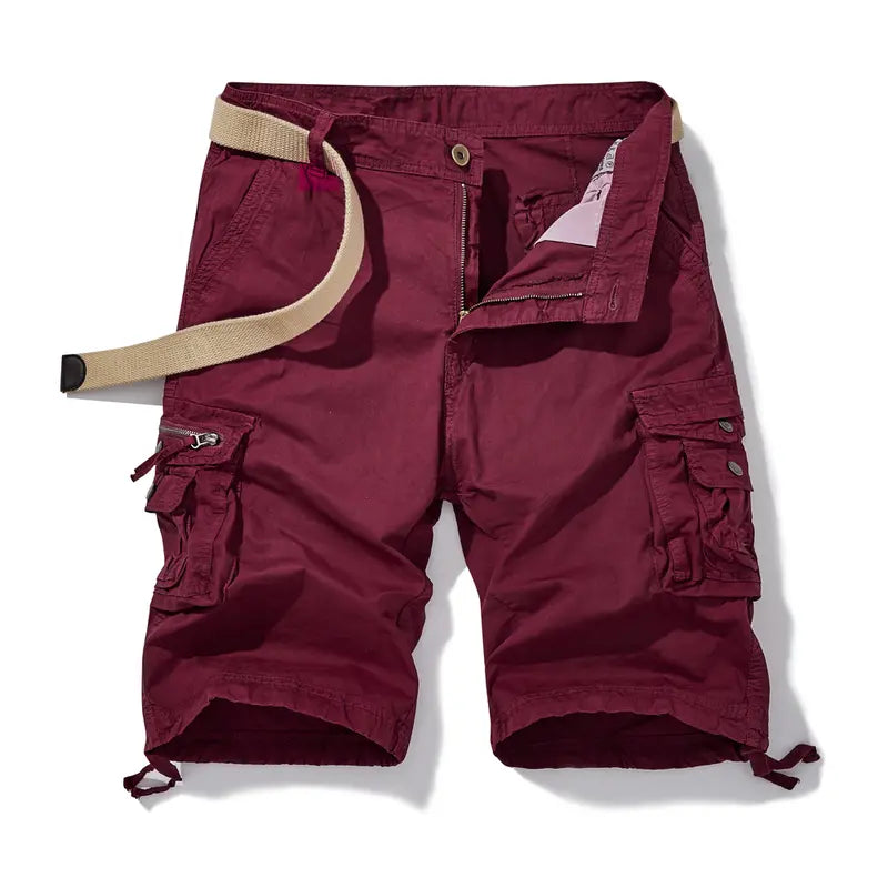 Men's Fashion Mid-Waist Cotton Basic Belted Cargo Shorts - Regular Fit, Multifunctional Pockets, Straight Design, Outdoor Ready, for Casual Wear