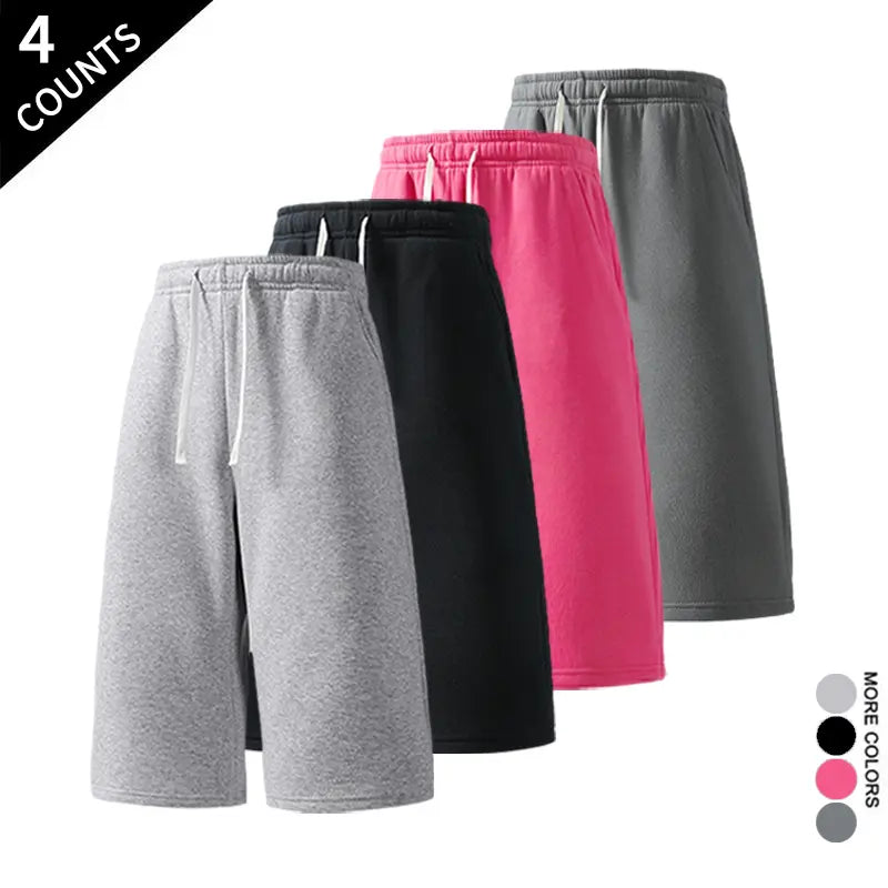 Men's 4-Pack 7-In Wide Leg Sweat Shorts - Elastic Waist, Drawstring, Deep Side Pockets, Sporty Chic Streetwear Shorts, Loose Fit Sweat Jorts, Easy Go-To for Casual Weekends, Ready for Gym, Errands, Travel (Light Gray, Black, Blush Pink, Dark Gray)