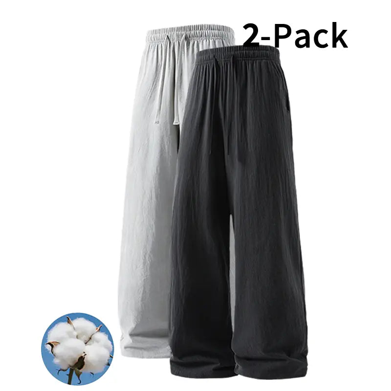Men's 2-Pack Casual Linen-Cotton Blend Drawstring Pants, Baggy Fit, Lightweight, Anti-Wrinkle, Non-See-Through Menswear Trousers