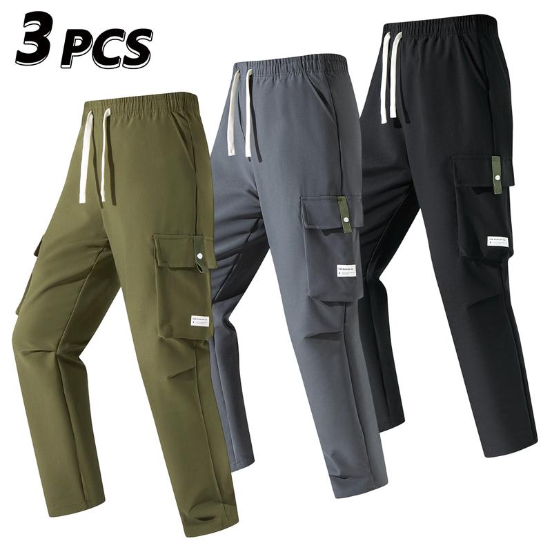 Men’s Cargo Pants - Menswear, Plain Basic Minimalist Polyester, Drawstring Elastic Waistband, Multiple Pockets, Versatile for Spring Autumn Everyday Casual Back-to-School Wear