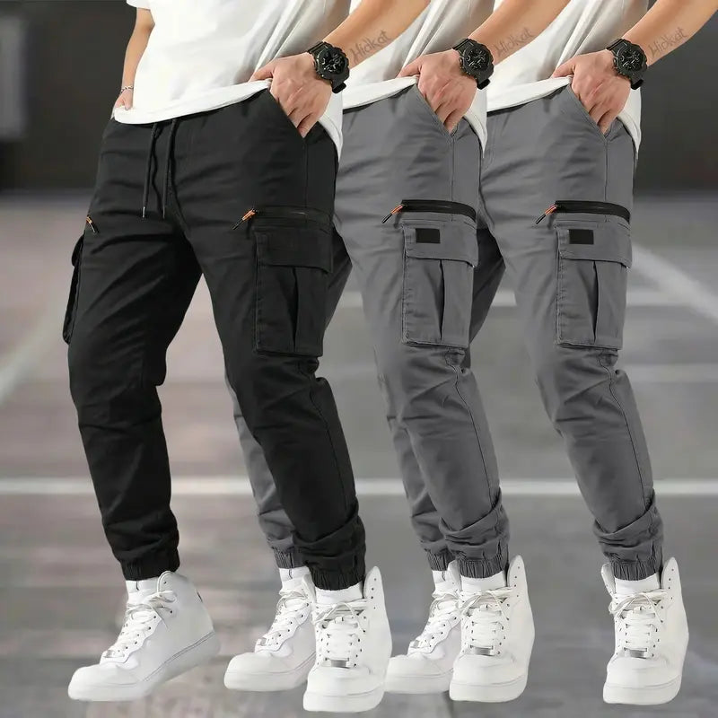 Men’s 3-Pack Polyester Cargo Pants - American Casual Straight-Leg Tapered Long Tactical Work Pants, Outdoor-Ready Fit with Zipper Pockets, All Seasons Basic Look for Commuting, Holiday Gift for Outdoor Enthusiasts