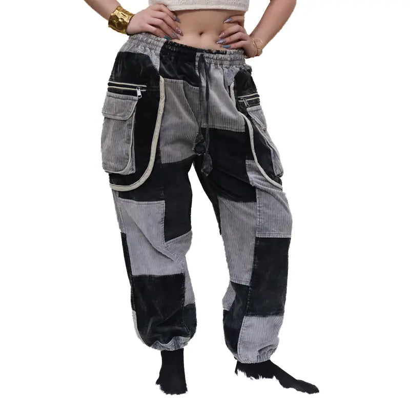 Patchwork Corduroy Baggy Tapered Cuffed Pants - Unisex  Compatible, Soft Unisex Boho Hippie Gothic Warm Fall Winter Trousers, Multi-Pocket Handmade Stylish Earth Tone Free Spirit XS-3XL Pants