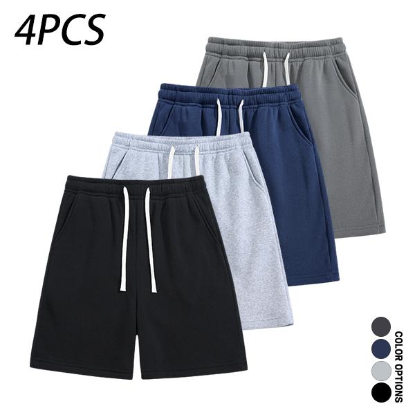 Pack of 4 men’s summer casual shorts: drawstring waist, skin-friendly and breathable, versatile loose fit for everyday wear, leisure, sports, and fitness.summervibes