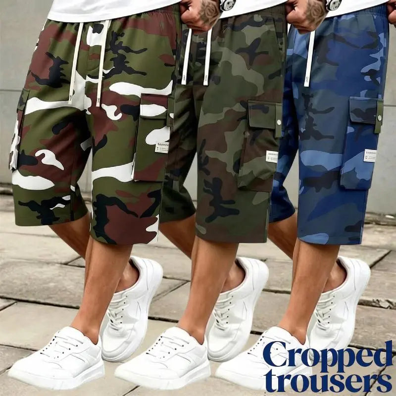 Men's 3-piece Camo Cargo seven-quarter trousers Capriers – Multi-Pocket Design, Drawstring Waistband, Casual Streetwear Shorts, Perfect for Everyday Wear & Urban Styling SpringStatements