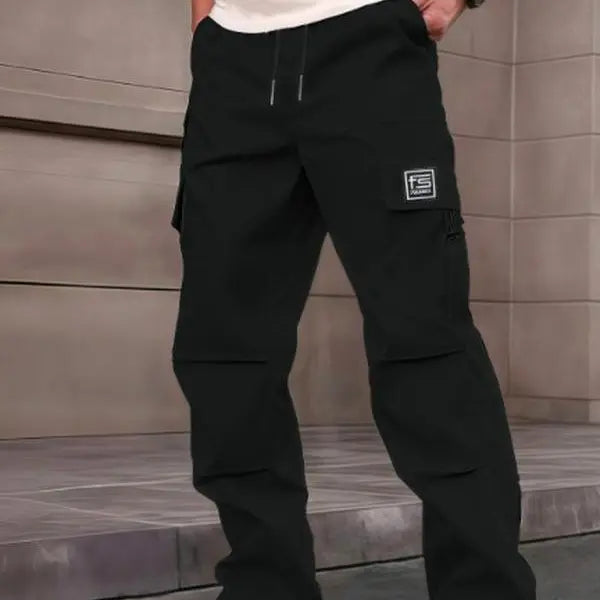 Men's Regular Fit 100% Polyester Solid-Color Drawstring Waist Cargo Pants - Casual Athletic, All-Purpose, Cargo Pockets, Deep Pocket, Menswear Bottoms, Outdoor Work Pants, Casual Athletic Men's Pants, All-Purpose Men's Pants