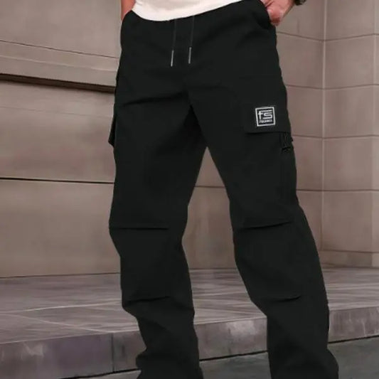 Men's Regular Fit 100% Polyester Solid-Color Drawstring Waist Cargo Pants - Casual Athletic, All-Purpose, Cargo Pockets, Deep Pocket, Menswear Bottoms, Outdoor Work Pants, Casual Athletic Men's Pants, All-Purpose Men's Pants