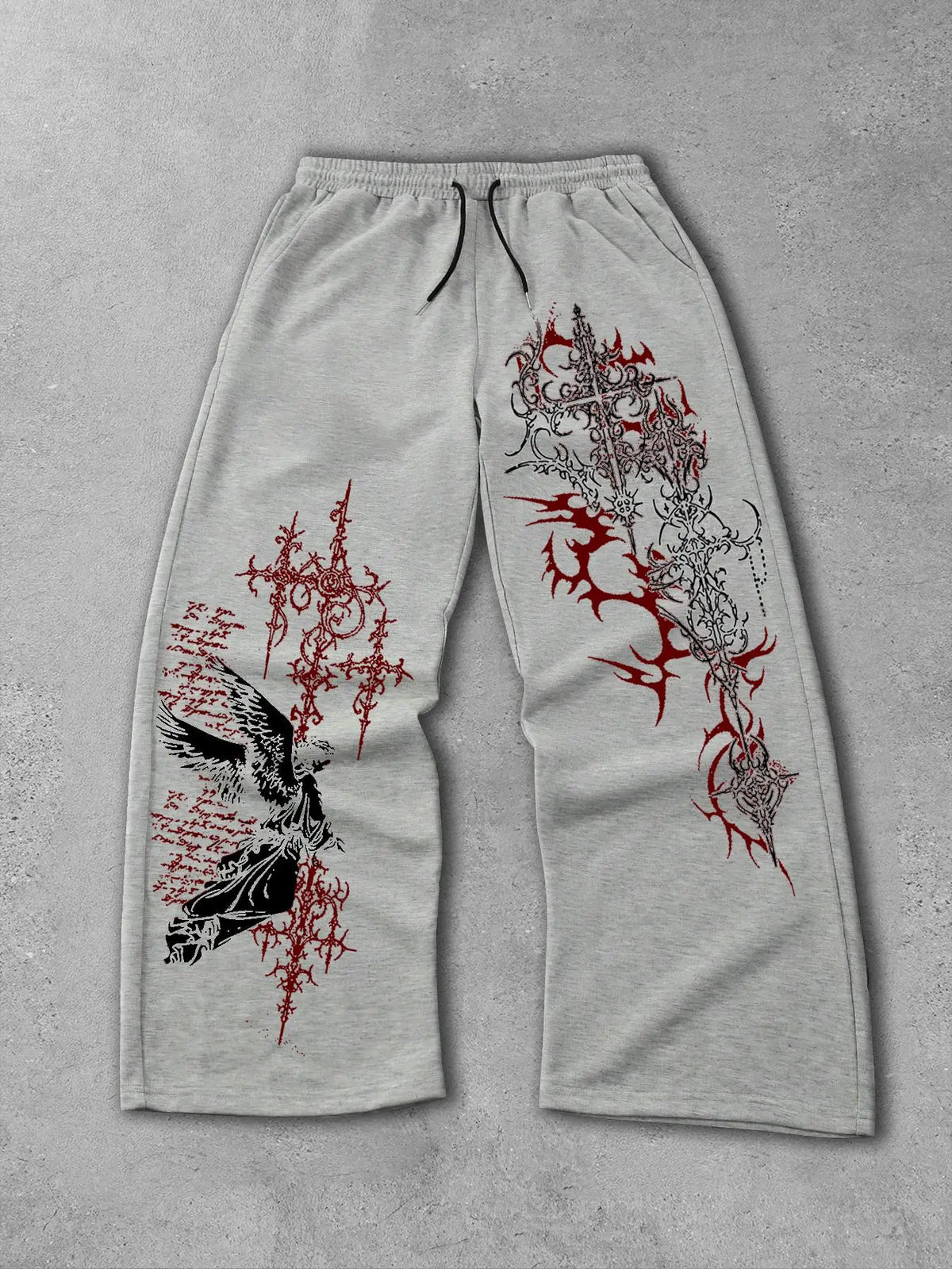 Men's and women's straight-leg Fitted pants featuring Gothic, Graphic Prints and angel motifs, These pants are perfect for streetwear, All Seasons Trousers, and ideal for both campus and everyday wear