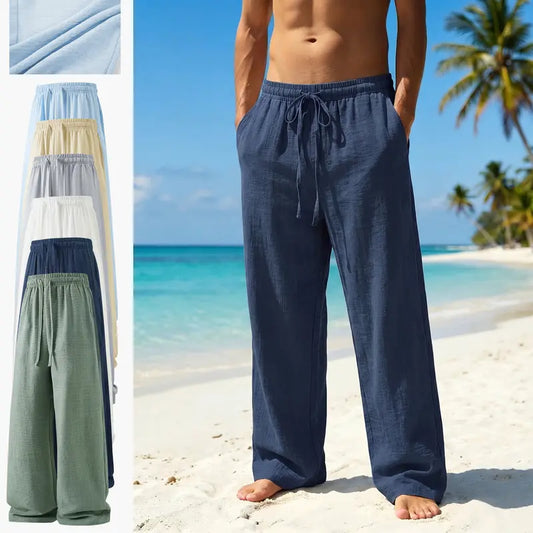 Men’s Retro Summer Lightweight Plain Pants - 100% Polyester, Loose Fit, Drawstring Tie, Breathable, Stylish, Minimalist Design, Belt-Ready for Indoor Gatherings, Outdoor Activities