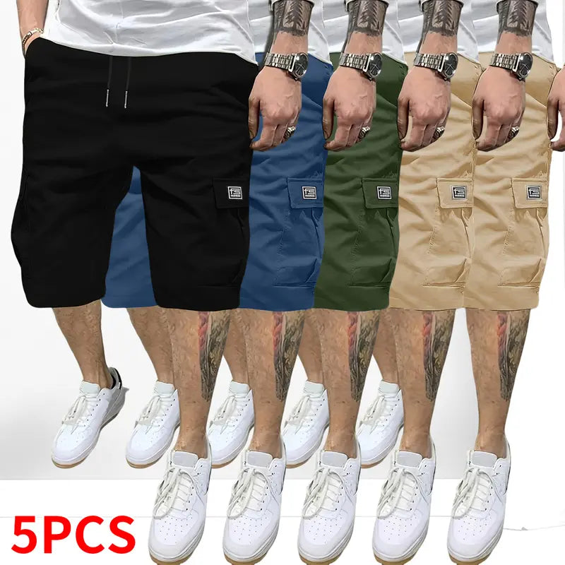 Men’s 5-Piece Extra Baggy Cargo Shorts Set - Men's Bottoms Activewear, Adjustable Drawstring Mid-Waist, Casual Chic Woven, Multi-Pocket, 4-Way Stretch, Cold Wash, Straight Cut, Summer Loose Jorts, Ideal for Camping, Father's Day Gifts, Extra Baggy Men's S
