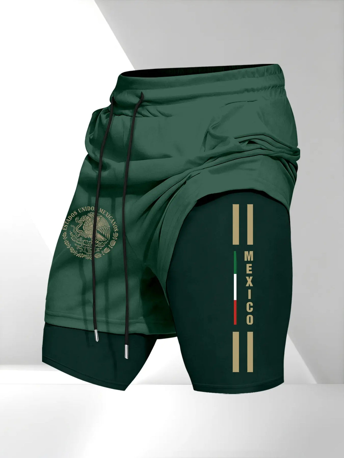 Men's Drawstring Pocket Waistband Daily, Sports Drawstring Shorts, Mexican Emblem Print, Comfortable Breathable Fabric, Durable Material, Perfect Gift