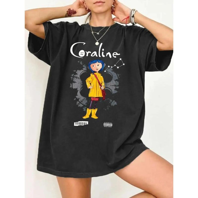 Streetwear Coraline Graphic T-Shirt, Unisex Oversized Fit with Spooky Constellation Print, Short Sleeve Cotton Blend Creepy Cute Movie Fan Top, Shortsleeve, Clothes, Fitted, Geometric