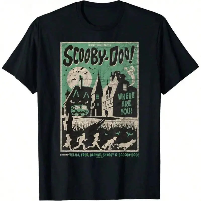 Classic Men's T Shirts in Soft Breathable Cotton Fabric, Unisex Loose Fit Graphic Tee with Scooby-Doo Scary House Movie Poster, Print, Casual, Menswear, Male Clothing, Cartoon Lovers, Shortsleeve, Round Neck, Crew Neck, Top, Tops, Men’s Clothes