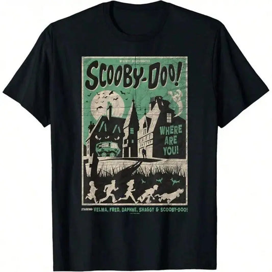 Classic Men's T Shirts in Soft Breathable Cotton Fabric, Unisex Loose Fit Graphic Tee with Scooby-Doo Scary House Movie Poster, Print, Casual, Menswear, Male Clothing, Cartoon Lovers, Shortsleeve, Round Neck, Crew Neck, Top, Tops, Men’s Clothes