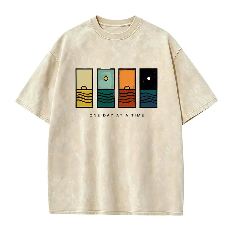 Acid Wash Vintage One Day At A Time Graphic T-Shirt, Minimal Retro Daily Casual Tee, Heavyweight Cotton Streetwear Unisex Crewneck Tshirt