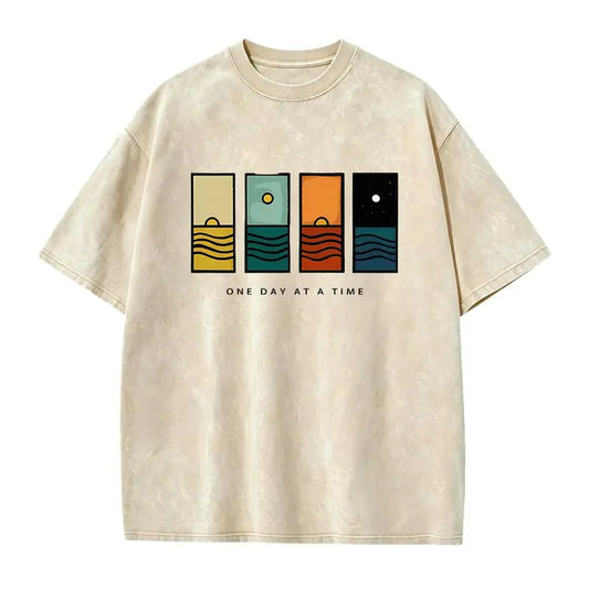 Acid Wash Vintage One Day At A Time Graphic T-Shirt, Minimal Retro Daily Casual Tee, Heavyweight Cotton Streetwear Unisex Crewneck Tshirt
