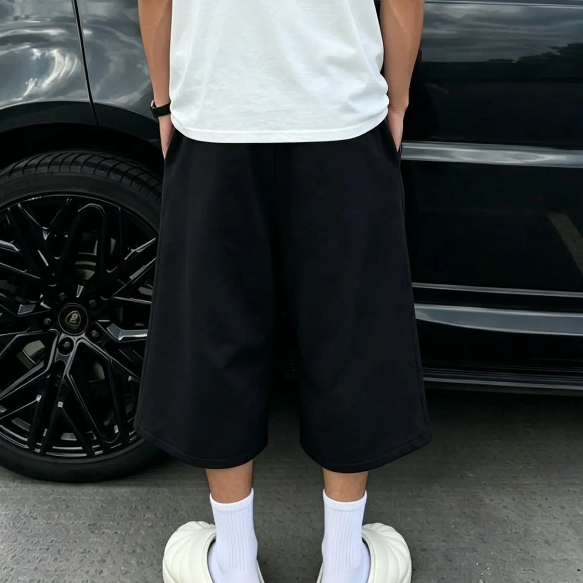 Solid Color Plain Casual Baggy Three-Quarter Pants, Comfortable Stretch Fabric, Streetwear Style, Unisex, Five Sizes Available, Man