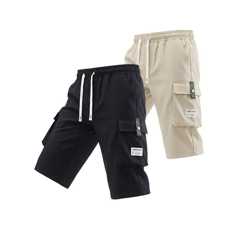 Men's Regular Woven Non-Stretch Fabric Cargo Shorts 5-Pack - 7/8 Knee Length, Mid-Waist, Loose Baggy Style, Elastic Drawstring Waist, Large Pockets, Letter Patch Design, Summer Casual Athletic Bottoms