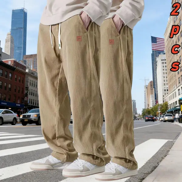 Men's 2-Pack Chic Cozy Long Cord Basics Pants - Men's Wear, Polyester Fabric, Washed Look, Loose Baggy Wide-Leg, Adjustable Drawstring, Pocketed for Autumn Winter Casual Wear